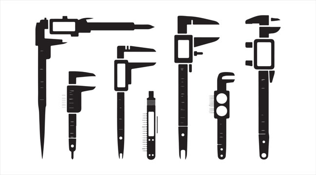 Vector digital caliper icon pack &mdash; precision electronic measuring instruments and gauges in black silhouettes