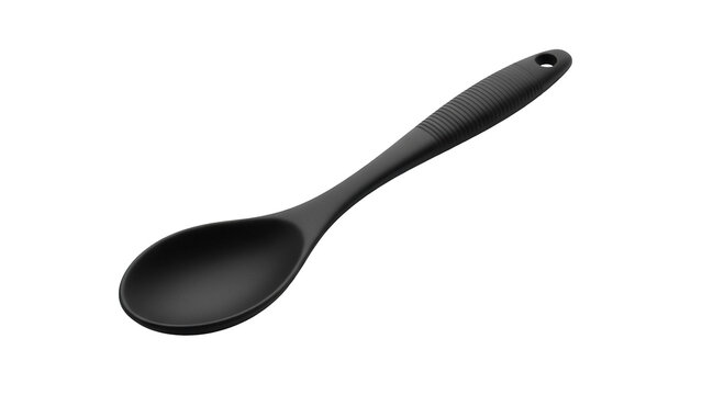 Black silicone cooking spoon isolated PNG on transparent background, kitchen utensil for stirring and serving food