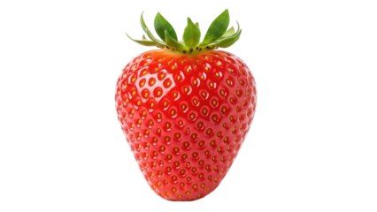 Ripe red strawberry isolated PNG, fresh fruit with green leaves on transparent background for healthy eating and summer designs