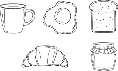 Outline illustration set of 5 breakfast items coffee mug fried egg toast slice croissant and jam jar