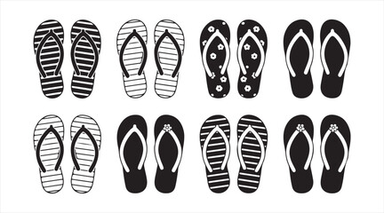 Vector flip flop icon pack &mdash; patterned beach sandals and thong slippers in black and white silhouettes