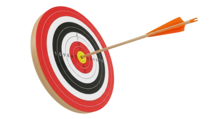 Arrow hitting bullseye isolated PNG, wooden arrow in center of target, achieving goals and success in business and life