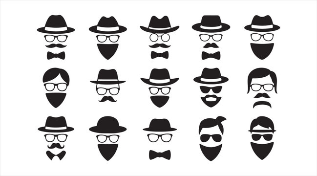Vector hipster avatar icon pack &mdash; bearded faces with hats, glasses and bow ties in black silhouettes