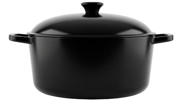 Black cooking pot with lid isolated PNG, kitchenware for cooking and serving food on transparent background, cookware