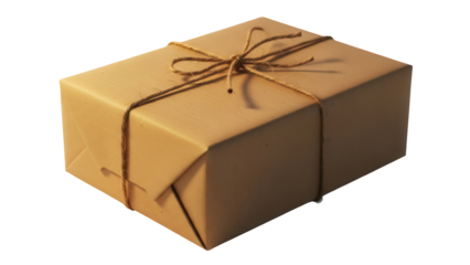 Brown paper package tied with string PNG isolated, rustic gift wrapped in kraft paper with twine on transparent background