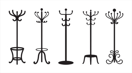 Standing coat rack vector icon pack — decorative hall tree and garment hanger silhouettes in multiple styles