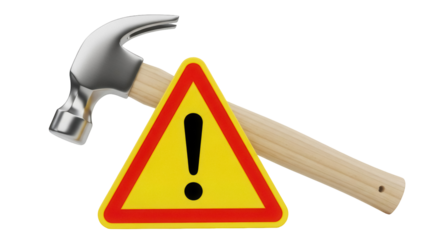 Hammer and warning sign PNG isolated on transparent background, construction tool and caution symbol for safety and repair work