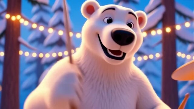 Animated polar bear joyfully playing drums in a snowy winter forest adorned with twinkling Christmas lights for a festive holiday music concept