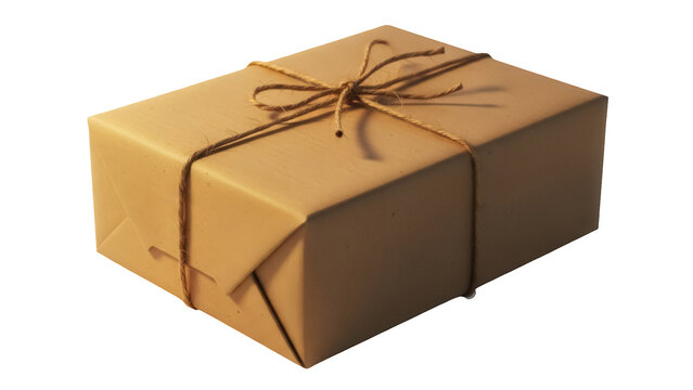 Brown paper package tied with string PNG isolated, rustic gift wrapped in kraft paper with twine on transparent background