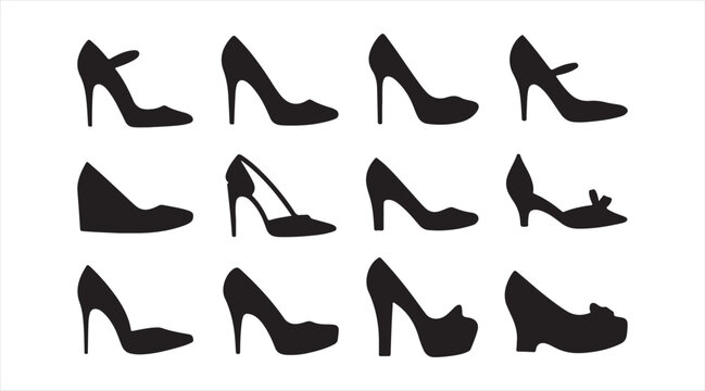 Fashion high heel shoes illustration set featuring stilettos, platforms and dress pumps in vector silhouettes