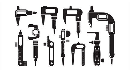 Obraz premium Measuring instrument icons set featuring digital and dial calipers, micrometers and indicators