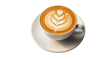 Latte art in a white cup isolated on transparent background PNG, coffee drink with heart and leaf pattern for cafe menu