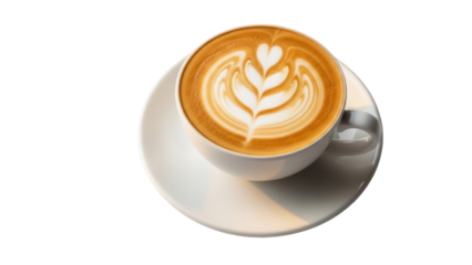 Latte art in a white cup isolated on transparent background PNG, coffee drink with heart and leaf pattern for cafe menu