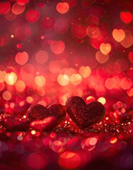 Obraz premium Two glittering red hearts resting amidst a vibrant sea of heart-shaped bokeh lights.