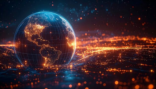 Illuminated digital globe with flowing data points and atmospheric haze - Powered by Adobe
