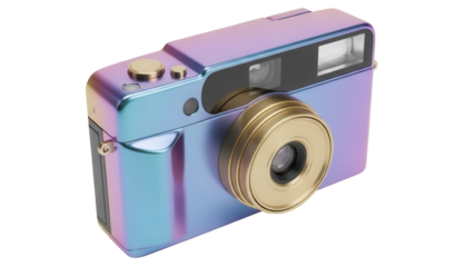 Retro iridescent camera PNG isolated on transparent background, vintage style photography equipment for creative projects and design use