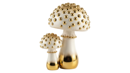 Decorative mushroom figurines PNG isolated on transparent background, whimsical home decor with gold accents for fantasy themed designs