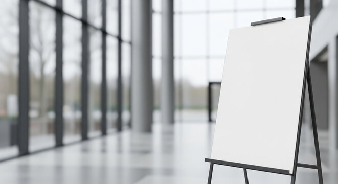 Blank whiteboard easel stand mockup in modern office hall with glass windows, presentation board