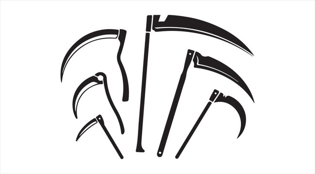 Collection of agricultural reaping tools &mdash; scythes and sickles silhouette icon pack