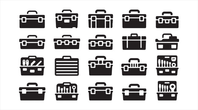 Vector toolbox icon pack featuring tool cases, organizers and professional repair equipment