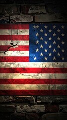 A weathered and cracked American flag design overlaid on a dark brick wall background.