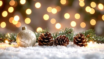 Obraz premium A festive close-up of a glittering white ornament, pinecones, and warm bokeh lights on snow.