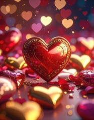 A close-up view of a deeply detailed, ornate red heart surrounded by glossy gold and red heart shapes against a bokeh background.