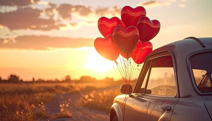 A romantic scene featuring heart-shaped balloons tied to a vintage car at sunset in a rural field.