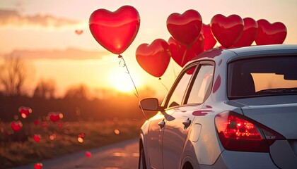 A white car with red heart-shaped balloons tied to it drives during a warm, vibrant sunset.
