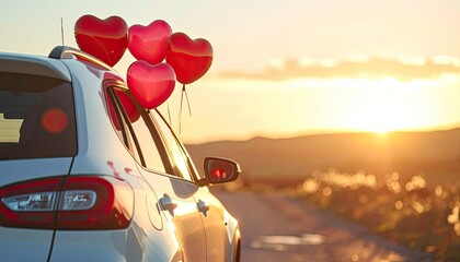 White car adorned with red heart-shaped balloons driving into a golden sunset on a country road.