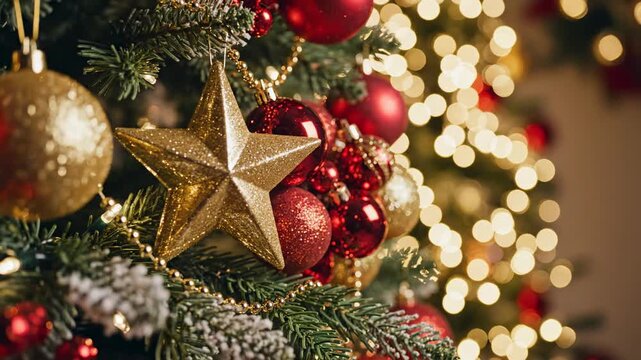 Smooth cinematic dolly shot passing shimmering gold and red ornaments hanging on a fully decorated Christmas pine tree with bokeh lights nature, magic, gold