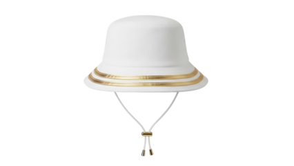 Elegant white bucket hat with gold trim isolated PNG, stylish sun hat for summer fashion and outdoor activities on transparent background