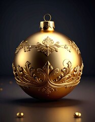 An opulent, intricately detailed golden Christmas ornament displayed against a dark background.