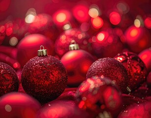 A close-up view of several vibrant red Christmas ornaments creating a bokeh background.