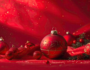 A rich, detailed composition of vibrant red Christmas ornaments against a shimmering red background.