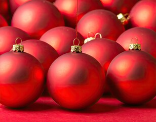 A close-up view of numerous matte red Christmas ornaments against a red background.