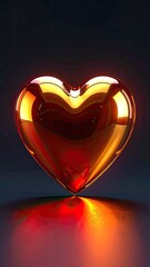 A brilliant, glossy golden-red heart shape rendered in 3D, resting on a reflective surface.