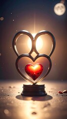 A glowing red heart encased within a metallic double-heart sculpture under a soft moonlight.