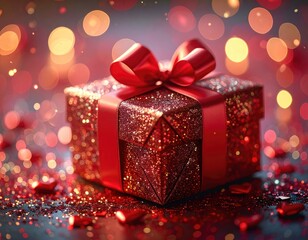 A glittering red gift box tied with a satin bow set against a backdrop of warm, festive bokeh lights.