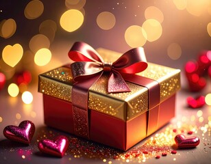A golden and red gift box sits prominently, adorned with a large satin bow, surrounded by sparkling bokeh lights and shiny heart decorations.