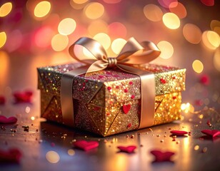 A sparkling gold gift box tied with a satin bow sits amidst scattered red hearts and warm bokeh lights.