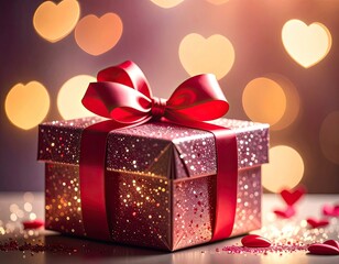 A shimmering red gift box adorned with a satin bow, set against a bokeh background of glowing hearts.