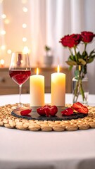 Fototapeta premium Romantic candlelit dinner setting with wine, roses, and heart accents.