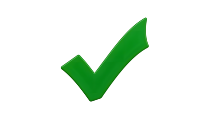 Shiny 3D bright green check mark approval symbol on transparent background