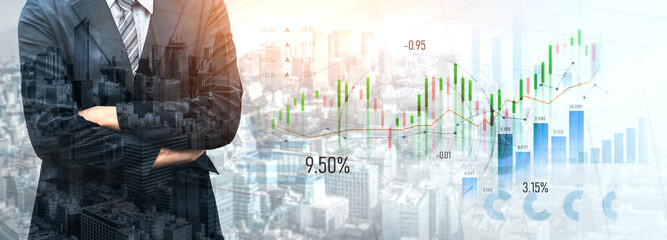 A businessman in a suit stands confidently against a dynamic city backdrop, showcasing graphs and charts that illustrate growth trends in financial market analysis. Scalp