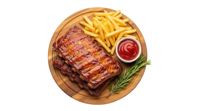 Delicious BBQ ribs with french fries and ketchup isolated PNG, grilled pork ribs with rosemary on wooden plate for restaurant menu