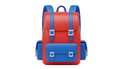 Cute 3D cartoon red and blue school backpack icon on transparent background