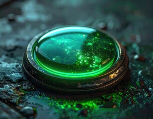 A luminous green glowing orb encased in a dark, wet metallic frame.