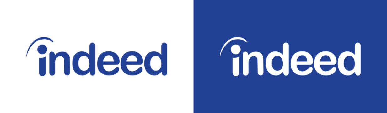 Indeed wordmark logo on transparent and blue background, editorial use only