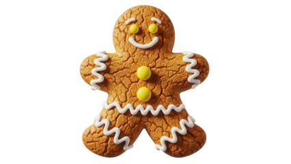 Gingerbread man cookie PNG isolated on transparent background, festive holiday treat with icing and candy decorations for Christmas designs